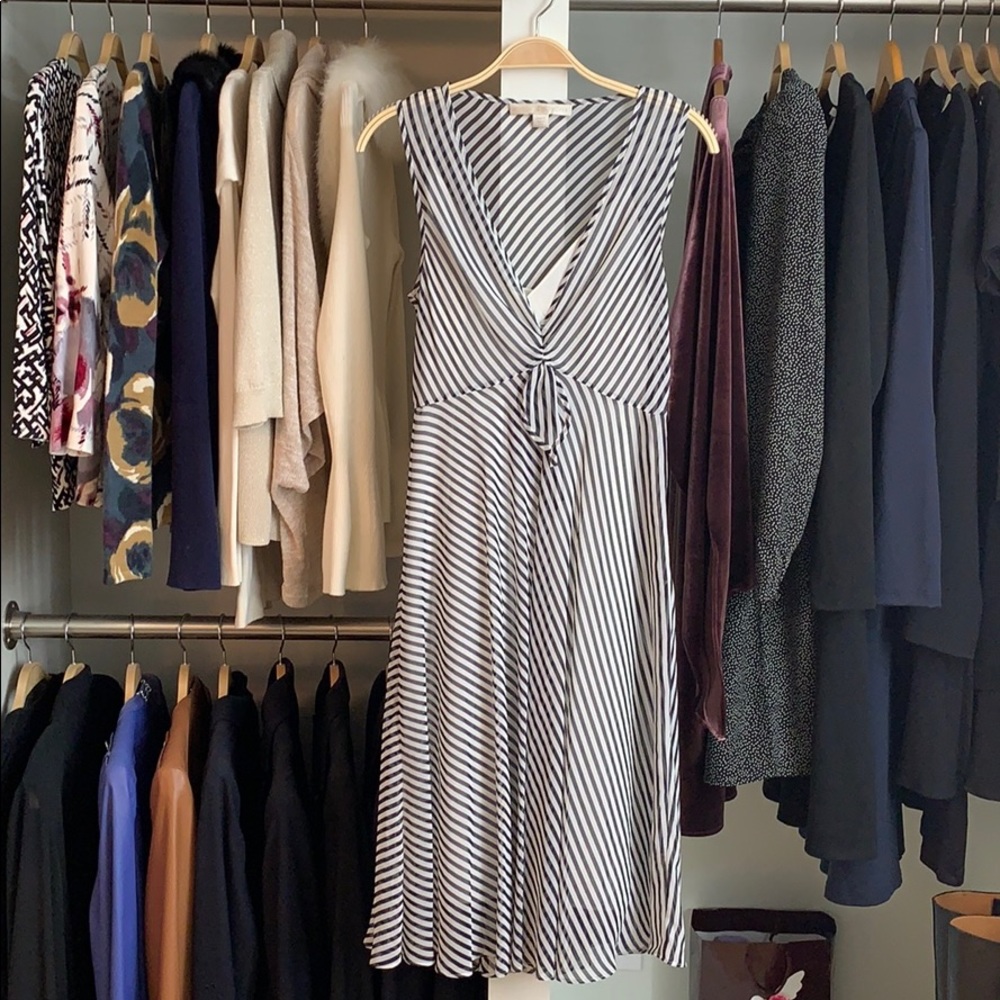 Boston Proper Navy Striped Chiffon Dress SZ 8